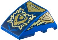 LEGO part Wedge 4 x 3 Triple Curved No Studs with Gold Dragon Head and Armor, Bright Light Yellow Electricity, Lightning Bolts on Dark Blue Background Pattern 64225pb081