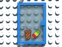 LEGO onderdeel Door 1 x 4 x 5 Left with Trans-Clear Glass and Drink and Ice Pop (Freezer / Lollipop / Lolly / Pole / Popsicle / Stick) Pattern (Sticker) - Set 6683 73436c01pb04