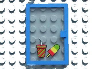 LEGO onderdeel Door 1 x 4 x 5 Left with Trans-Clear Glass and Drink and Ice Pop (Freezer / Lollipop / Lolly / Pole / Popsicle / Stick) Pattern (Sticker) - Set 6683 (73436c01pb04)