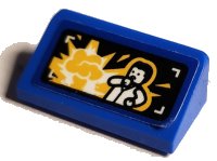LEGO part Slope 30 1 x 2 x 2/3 with Screen with White and Yellow Explosion and Minifigure on Black Background Pattern (Sticker) - Set 75941 85984pb502