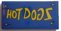 LEGO part Tile 2 x 4 with Yellow 'HOT DOGS' on Blue Wood Grain Background and 4 Nails Pattern (Sticker) - Set 75824 87079pb0427