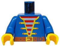LEGO part Torso Pirate Jacket Open with Yellow Trim over Shirt with Red and White Horizontal Stripes, Dark Orange Belt with Buckle Pattern / Blue Arms / Yellow Hands 973p34c01