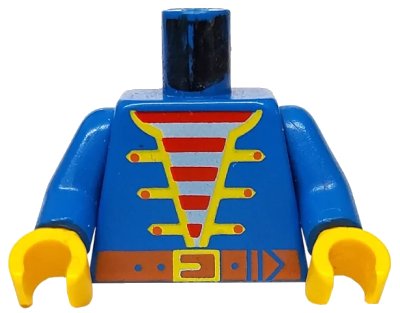 LEGO onderdeel Torso Pirate Jacket Open with Yellow Trim over Shirt with Red and White Horizontal Stripes, Dark Orange Belt with Buckle Pattern / Blue Arms / Yellow Hands (973p34c01)