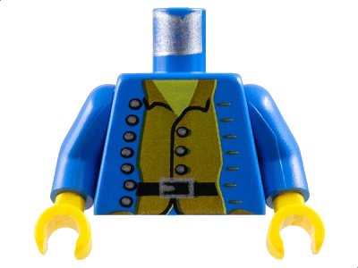 LEGO onderdeel Torso Pirate Jacket Open with Silver Buttons over Brown Shirt, Black Belt with Buckle, Yellow Neck Pattern / Blue Arms / Yellow Hands (973p39c01)