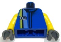 LEGO part Torso Racers White '18' on Medium Blue, Black, and Yellow Stripes Pattern / Yellow Arms / Dark Gray Hands 973pb0072c01