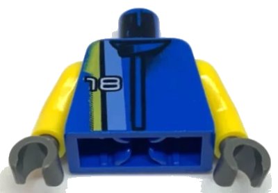 LEGO onderdeel Torso Racers White '18' on Medium Blue, Black, and Yellow Stripes Pattern / Yellow Arms / Dark Gray Hands (973pb0072c01)