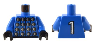 LEGO onderdeel Torso Studded Armor with Silver Circles, Black Belt, White Number 1 on Back Pattern / Blue Arms / Black Hands (973pb0083c02)