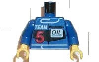 LEGO part Torso Race Driver with White 'TEAM', Red Number 5, and Black 'OIL' Pattern / Blue Arms / Yellow Hands 973pb0096c01