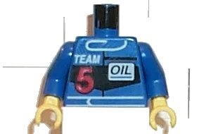 LEGO onderdeel Torso Race Driver with White 'TEAM', Red Number 5, and Black 'OIL' Pattern / Blue Arms / Yellow Hands (973pb0096c01)