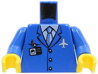 LEGO onderdeel Torso Airplane Crew Male, Light Blue Tie, Red Pen, Silver Plane Logo, ID Badge, 3 Buttons Pattern / Blue Arms / Yellow Hands (973pb0098c01)