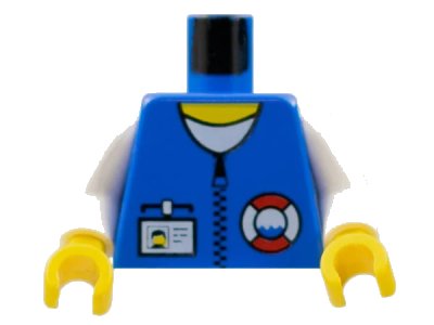 LEGO onderdeel Torso Rescue Coast Guard Logo, Name Tag, White Collar, Zipper Pattern / White Arms / Yellow Hands (973PB0237C01)