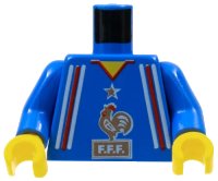 LEGO onderdeel Torso Soccer Uniform Shirt with Red and White Stripes, Gold Star and Rooster Logo with 'F.F.F.', Yellow Neck Pattern / Blue Arms / Yellow Hands 973pb0279c01