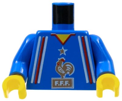 LEGO onderdeel Torso Soccer Uniform Shirt with Red and White Stripes, Gold Star and Rooster Logo with 'F.F.F.', Yellow Neck Pattern / Blue Arms / Yellow Hands (973pb0279c01)