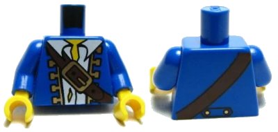 LEGO onderdeel Torso Pirate Jacket Open with Gold Trim over Torn White Shirt, Dark Brown Diagonal Belt with Buckle, Yellow Neck Pattern / Blue Arms / Yellow Hands (973pb0529c01)