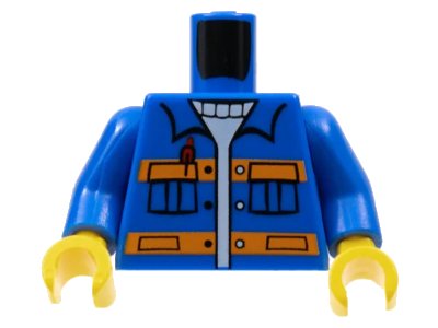 LEGO onderdeel Torso City Jacket with Pockets & Pen over Sweater, Orange Stripes Pattern / Blue Arms / Yellow Hands (973pb0551c01)