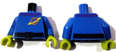 LEGO onderdeel Torso Space Uniform with Orange and Yellow Ringed Planet Logo, Dark Blue Belt, Dark Purple Collar Pattern / Blue Arms / Lime Hands (973pb0628c01)
