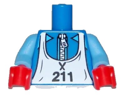 LEGO onderdeel Torso White Zipper and Ski Bib with '211' Pattern / Medium Blue Arms / Red Hands (973pb0718c01)