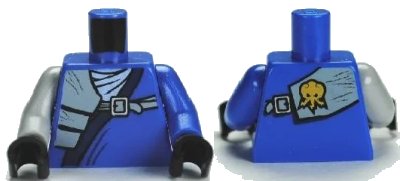 LEGO onderdeel Torso Ninjago Wrap with Shoulder Pouch and Belt Pattern / Blue Arm Left / Light Bluish Gray Arm Right / Black Hands (973pb1027c01)