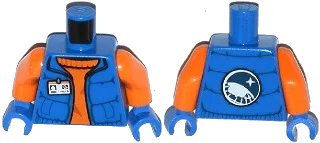 LEGO onderdeel Torso Down Vest with ID Badge over Orange Sweater, Arctic Explorer Logo on Reverse Pattern / Orange Arms / Blue Hands (973pb1709c01)