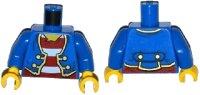 LEGO part Torso Pirate Jacket Open with Gold Trim over Shirt with Red and White Horizontal Stripes, Yellow Neck Pattern / Blue Arms / Yellow Hands 973pb1908c01