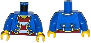 LEGO onderdeel Torso Pirate Jacket Open with Gold Trim over Shirt with Red and White Horizontal Stripes, Yellow Neck Pattern / Blue Arms / Yellow Hands (973pb1908c01)