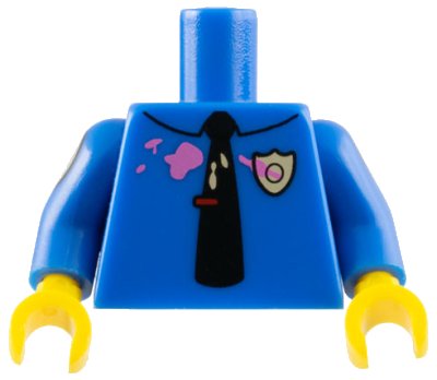 LEGO onderdeel Torso Simpsons Police Shirt with Collar, Tan Badge, Black Tie with Red Clip, Dark Pink Splotches Pattern / Blue Arms with Tan Ovals Pattern / Yellow Hands (973pb1990c01)