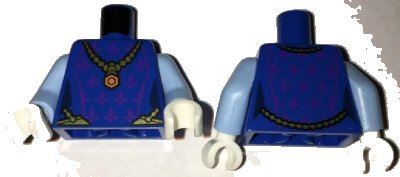 LEGO onderdeel Torso Female Dress with Dark Purple Fleur-de-lis and Gold Necklace with Orange Pendant Pattern / Bright Light Blue Arms / White Hands (973pb2546c01)