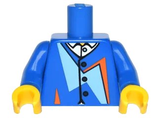 LEGO onderdeel Torso Jacket with Dark Blue Buttons, Bright Light Blue and Orange Geometric Shapes over White Shirt with Collar Pattern / Blue Arms / Yellow Hands (973pb2788c01)