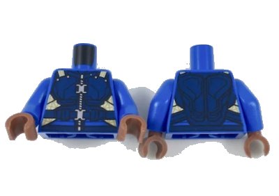 LEGO onderdeel Torso Super Hero Dark Blue Armor, Tan Straps, Silver Zipper and Clasps Pattern (Killmonger) / Blue Arms / Reddish Brown Hands (973pb2953c01)