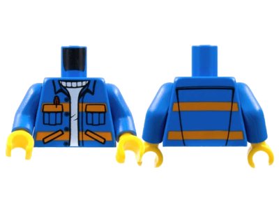 LEGO onderdeel Torso City Jacket with Diagonal Lower Pockets & Pen over Creased Sweater, Orange Stripes Pattern, Printing on Back / Blue Arms / Yellow Hands (973pb3100c01)