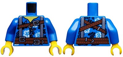 LEGO part Torso Hawaiian Shirt with White Flowers, Reddish Brown Belt and Straps, Silver Suspenders Pattern / Blue Arms / Yellow Hands (973pb3448c01)