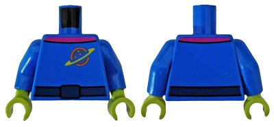 LEGO onderdeel Torso Space Uniform with Orange and Yellow Ringed Planet Logo, Dark Blue Belt, Magenta Collar Pattern / Blue Arms / Lime Hands (973pb3581c01)