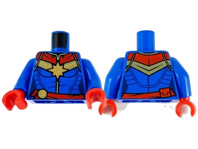 LEGO onderdeel Torso Female Outline with Gold 8 Point Star and Wide Stripes, Dark Red Collar and Belt Pattern / Blue Arms / Red Hands (973pb3912c01)