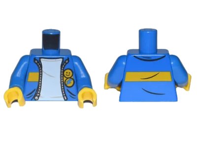 LEGO onderdeel Torso Jacket with Gold Zipper, Yellow Stripe, Smiley Face and Lightning Bolt Buttons over White Shirt Pattern / Blue Arms / Yellow Hands (973pb4188c01)