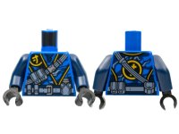 LEGO part Torso Tunic, Yellow Ninjago Logogram Letter J, Dark Bluish Gray Belts and Pouches Pattern / Dark Blue Arms / Black Hands 973pb4213c01