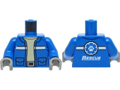 LEGO onderdeel Torso Jacket with Pockets, White Stripes and Silver Belt Buckle and Wildlife Rescue Logo with Paw Print on Back Pattern / Blue Arms / Dark Bluish Gray Hands (973pb4351c01)