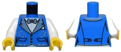 LEGO onderdeel Torso Vest with Pockets, Metallic Light Blue Wide Lapels and Filigree over White Striped Shirt, Bow Tie Pattern / White Arms / Yellow Hands (973pb5014c01)