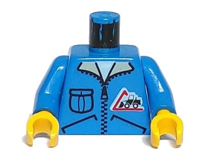 LEGO onderdeel Torso Town Bulldozer Logo, Zipper Jacket, Pocket Pattern (Lorry Driver) / Blue Arms / Yellow Hands (973px122c01)