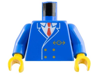 LEGO onderdeel Torso Train Uniform Jacket with Gold Buttons and Logo over White Shirt, Red Tie Pattern / Blue Arms / Yellow Hands (973px1c01)
