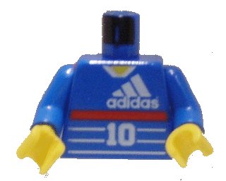 LEGO part Torso Soccer Adidas Logo, Red Stripe, Number 10, Zidane on Back Pattern / Blue Arms / Yellow Hands (973px26c01)