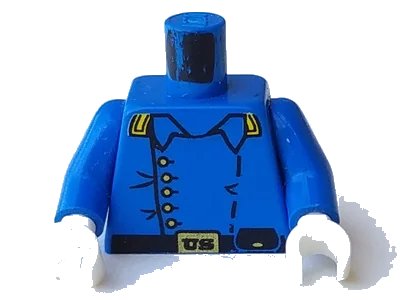 LEGO onderdeel Torso Western Cavalry Uniform, 5 Buttons, Black Belt and Pouch, Gold Buckle with 'US' Pattern / Blue Arms / White Hands (973px43c01)
