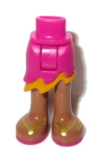 LEGO part Mini Doll Hips and Asymmetric Layered Skirt Short, Medium Orange Ruffle, Medium Nougat Legs and Magenta and Gold Sandals Pattern - Thick Hinge (20380c00pb01)