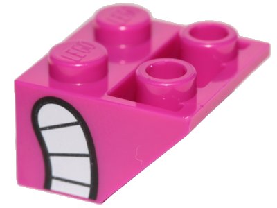 LEGO part Slope, Inverted 45 2 x 2 with Flat Bottom Pin with Smile with White Teeth Pattern on Side (Queen Watevra Wa'Nabi Mouth) (3660pb022)