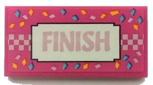 LEGO onderdeel Tile 2 x 4 with Metallic Pink 'FINISH' and Checkered Line, Medium Azure and Bright Light Orange Confetti Pattern (Sticker) - Set 41352 (87079pb1016)