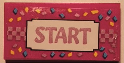 LEGO onderdeel Tile 2 x 4 with Metallic Pink 'START' and Checkered Line, Medium Azure and Bright Light Orange Confetti Pattern (Sticker) - Set 41352 (87079pb1028)