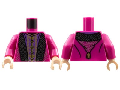 LEGO onderdeel Torso Robe with Hood, Black and Dark Purple Panels, Ornate Silver and Gold Stitching Pattern / Magenta Arms / Light Nougat Hands (973pb4371c01)