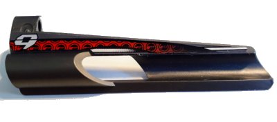 LEGO onderdeel Technic, Panel Fairing # 8 Small Long, Large Hole, Side B with Stylized Silver Number 9 and Black and Red Pattern (Sticker) - Set 8353 (32535pb06)