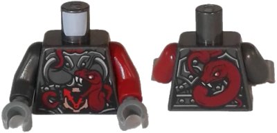 LEGO onderdeel Torso Ninjago Female Armor with Clock and Dark Red Snakes Pattern / Dark Red Arm Left / Pearl Dark Gray Arm Right / Dark Bluish Gray Hands (973pb2727c01)