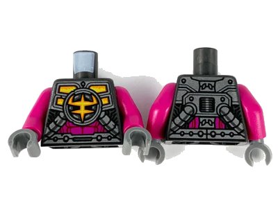 LEGO onderdeel Torso Mechanical Armor, Ironclad Logo, Silver Plates, Tubes and Magenta Stomach Pattern / Magenta Arms / Dark Bluish Gray Hands (973pb3895c01)