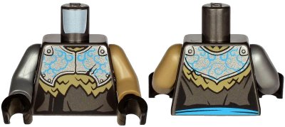 LEGO onderdeel Torso Armor, Silver Plate with Dark Azure Curly Lines over Robe and Dark Tan Fur Pattern / Dark Tan Arm Left / Flat Silver Arm Right / Black Hands (973pb3925c01)